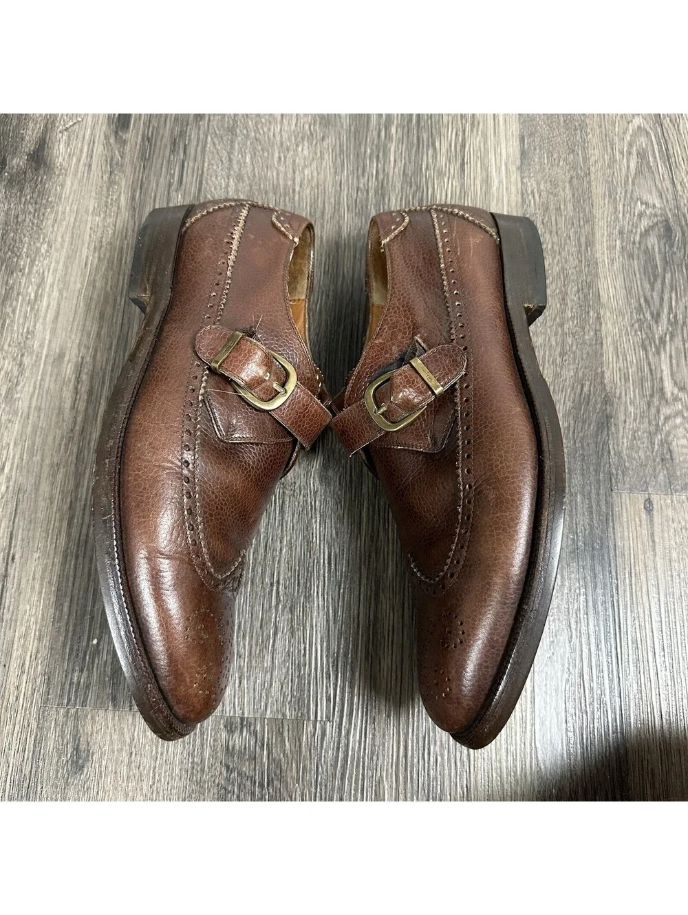 SALVATORE FERRAGAMO Leather Wing Tip Monk Strap Shoes Men 8.5 Cordovan ITALY